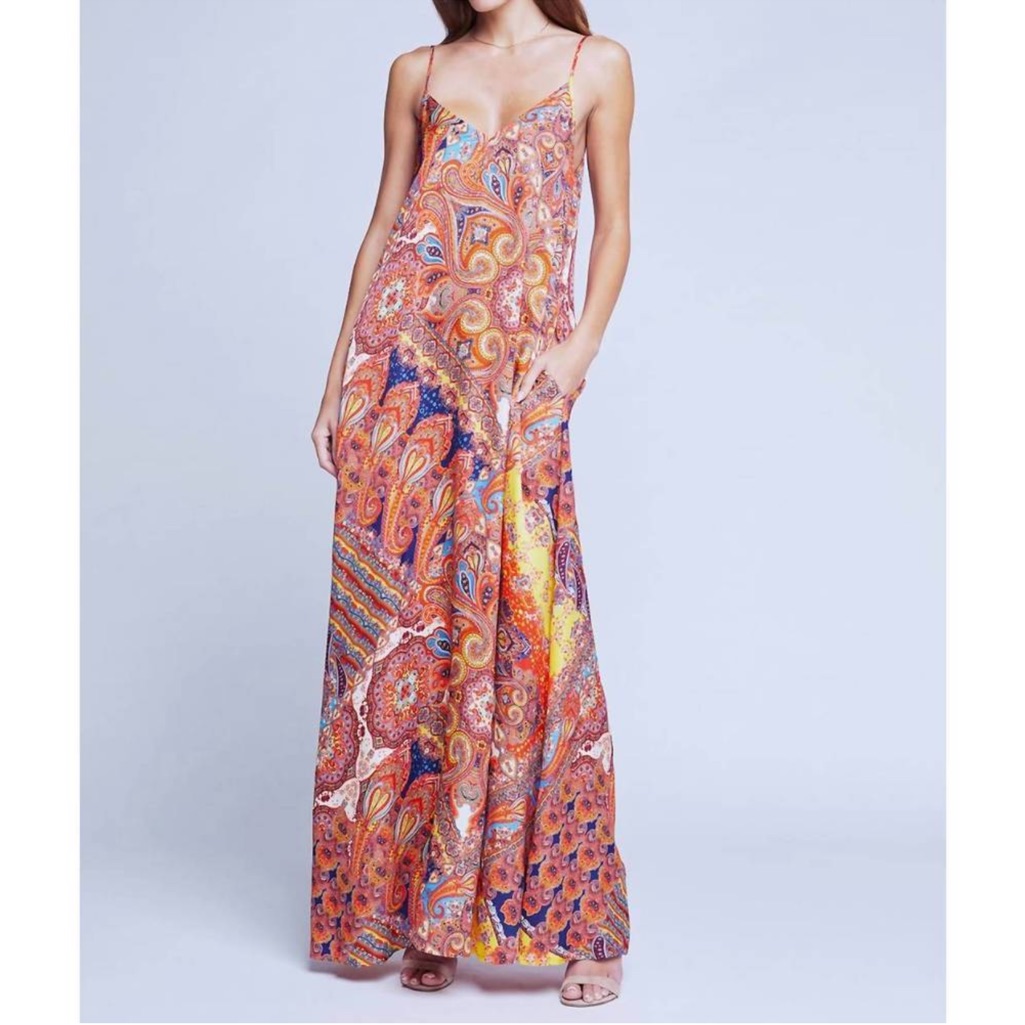L’agence Nwt Trapeze Maxi Dress With Pockets. Colorful Scarf Print. Size Xs.